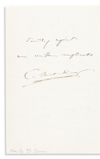 SAINT-SAËNS, CAMILLE. Autograph Letter Signed, C. Saint-Saëns, to Dear Sir, in French,